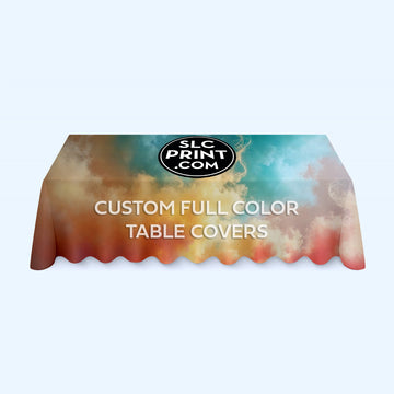 This is a picture of a custom full color printed table cover filled with vibrant colors